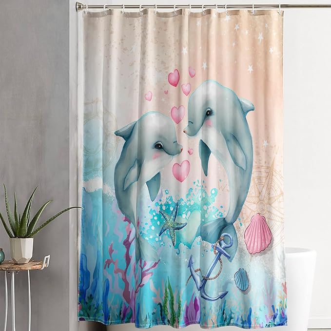 AILONEN Catrtoon Dolphin Shower Curtain Bathroom 48" W*72" H Kawaii Jumping Dolphin Curtain Cloth Fabric Bathroom for Kids Girls,Ocean Theme Shower Curtain Set