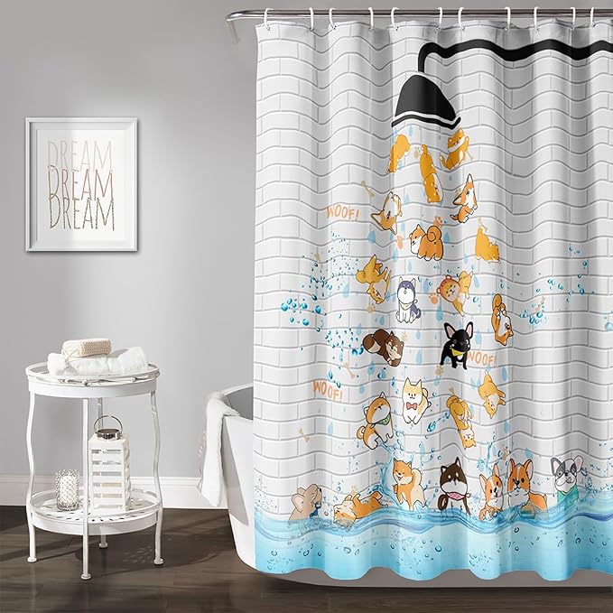 AILONEN Cute Corgi Shower Curtain for Kids 36" W*72" H Inch,Funny Dog Cartoon Corgi Animals Playing Water Shower Curtains,12 Pack Hooks Polyester Waterproof Fabric Decor for Bathroom Bathtub Panels