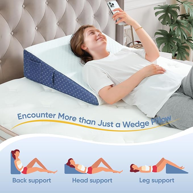Wedge Pillow for Sleep Apnea, 2024 New 7.5'' Bed Wedge Pillow, Acid Reflux, Heartburn, GERD, Neck Pain, Cooling Memory Foam Top, Removable Washable Cover Incline Pillow for Improved Sleep