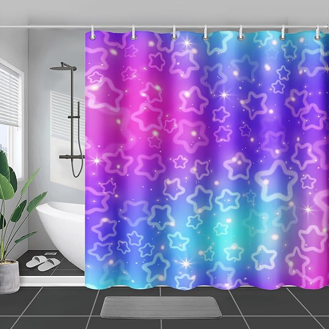 AILONEN Stars Shower Curtain, Dream Blue-Violet Gradient Theme Fabric Shower Curtains for Bathroom,Shining Stars Shower Curtain Liner for Girls Teen,60" W*72" H