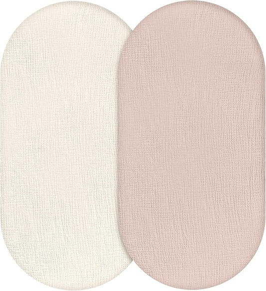 Muslin Bassinet Fitted Sheets, 2 Pack for Baby Boy and Girl, Soft Breathable Baby Pad/Mattress Sheet, Fit for Hourglass Oval and Rectangle Bassinet Mattress (Gentle Colors, Bassinet Sheets 2 Pack)