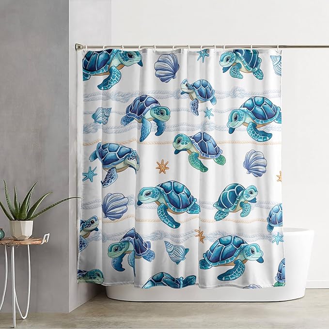 AILONEN Cute Sea Turtle Shower Curtain Set for Bathroom,Cartoon Turtle with Cowry Bath Curtain,Kawaii Ocean Animal Theme Waterproof Fabric Shower Curtain with Hooks,72" W*72" H