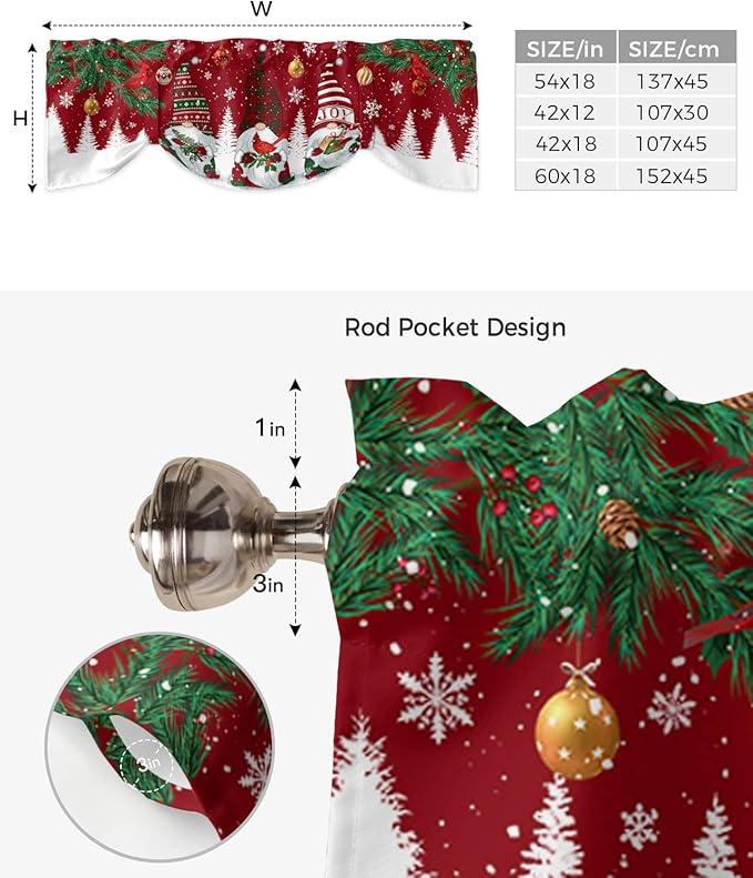Christmas Gnomes Blackout Tie Up Valance Curtains for Kitchen Windows Red Winter Holidays Window Toppers Balloon Shades for Living Room/Bathroom/Bedroom,1 Panel,54" X 18" White Snowflakes Xmas Trees