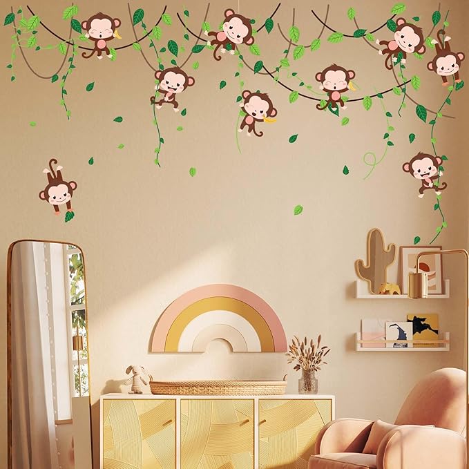 Monkey Climbing Tree Wall Stickers - Jungle Animals Vine Leaves Wall Decals - Baby Nursery Kids Girls Boys Room Daycare Playroom Classroom Wall Decor