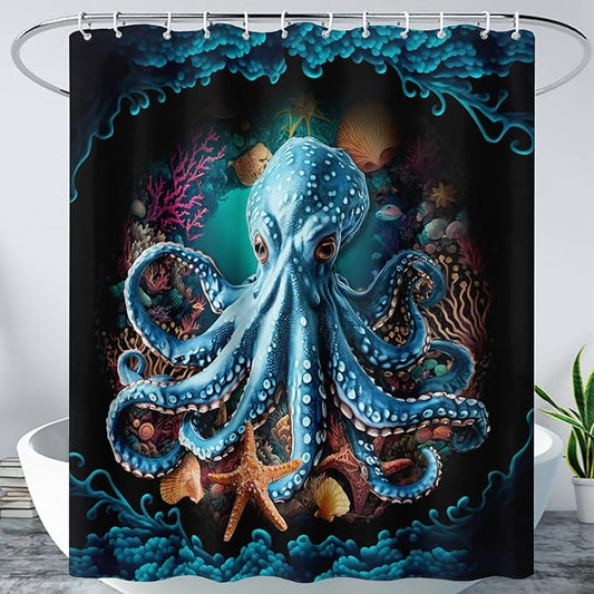 AILONEN Cartoon Blue Octopus Shower Curtain for Bathroom,Funny Octopus Bath Curtain for Kids,Boys,Girls,Ocean Animal Starfish Theme Waterproof Fabric Shower Curtain Set with Hooks,72" W*96" H