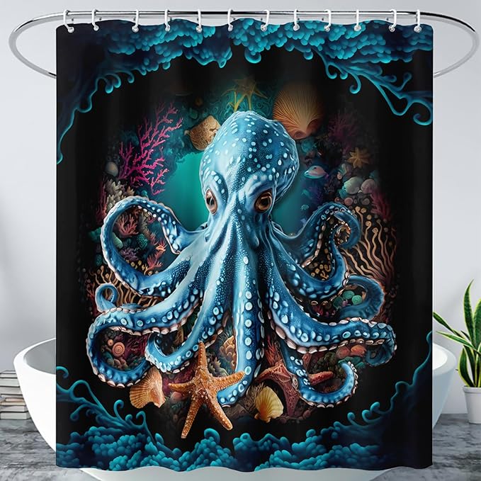 AILONEN Cartoon Blue Octopus Shower Curtain for Bathroom,Funny Octopus Bath Curtain for Kids,Boys,Girls,Ocean Animal Starfish Theme Waterproof Fabric Shower Curtain Set with Hooks,72" W*84" H