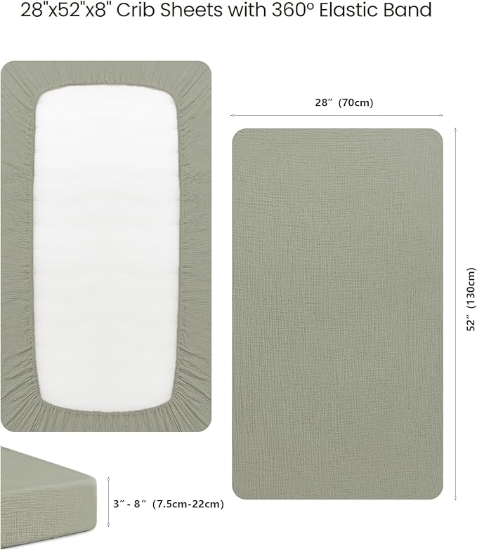 Konssy Muslin Fitted Crib Sheets 100% Cotton Baby Crib Sheets for Standard Crib Mattress (28 X 52 Inches), Soft and Breathable for Boys Girls (Fog Green)