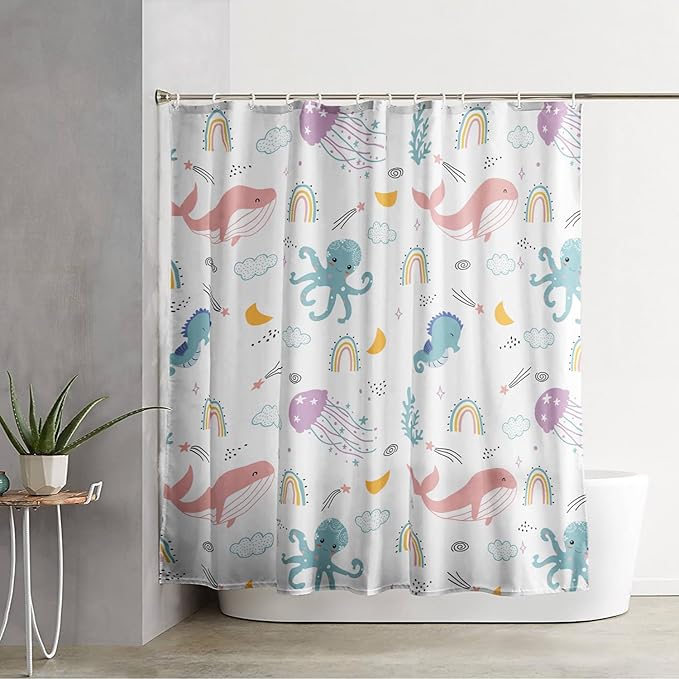 AILONEN Cartoon Dolphin Shower Curtain for Kids 72" W*96" H Inch,Cute Seahorse Rainbow Octopuses Shower Curtain,Ocean Life Theme 12 Pack Hooks Polyester Waterproof Fabric Decor for Bathroom