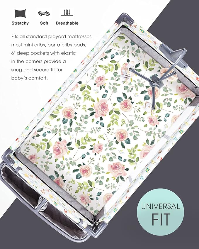 GRSSDER Stretchy Ultra Soft Jersey Knit Fitted Pack n Play Sheets Set 2 Pack, Portable/Mini Crib Sheets, Snug and Safe Playards Sheet for Baby, Pink Rose Stylish Print