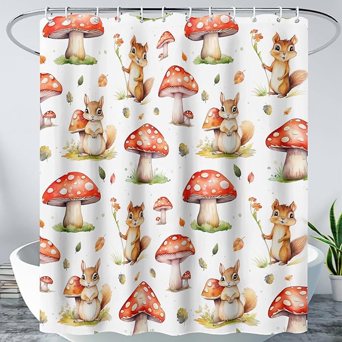AILONEN Cartoon Mushroom Shower Curtain for Kids Girls Boys, Kawaii Squirrels with Red Mushroom Shower Curtains for Bathroom,Cute Animal Shower Curtain Set with Hooks,72" W*96" H