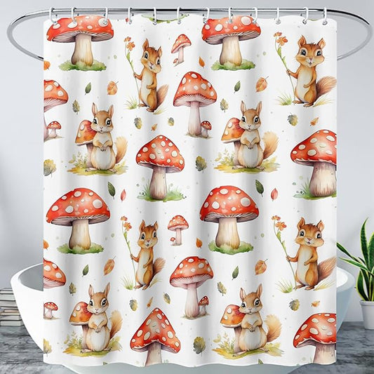 AILONEN Cartoon Mushroom Shower Curtain for Kids Girls Boys, Kawaii Squirrels with Red Mushroom Shower Curtains for Bathroom,Cute Animal Shower Curtain Set with Hooks,72" W*72" H