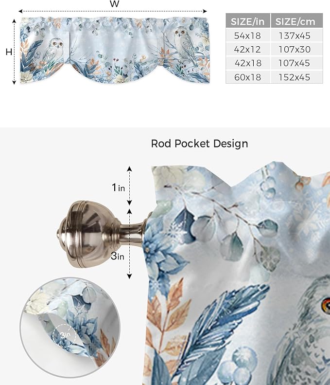 Blue Christmas Blackout Tie Up Valance Curtains for Kitchen Windows Winter Snowy Owl Poinsettia Eucalyptus Leaves Window Toppers Balloon Shades for Living Room/Bathroom/Bedroom,1 Panel, 42" X 12",