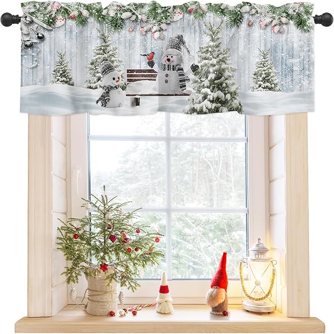 Merry Christmas Valance Curtains for Kitchen Windows Xmas Snowman Snowy Pine Tree Rod Pocket Window Treatment Toppers for Kitchen/Living Room/Bedroom/Bathroom, 42" X 12", Blue Winter