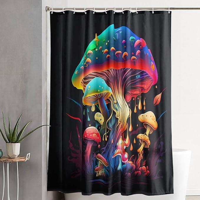 AILONEN Magic Mushroom Shower Curtain,Colorful Mushroom Shower Curtain Set for Bathroom,Natural Fungus Waterproof Fabric Bath Curtain for Kids Girl,Boho Style Bathroom Curtain with Hooks, 72" W*96" H