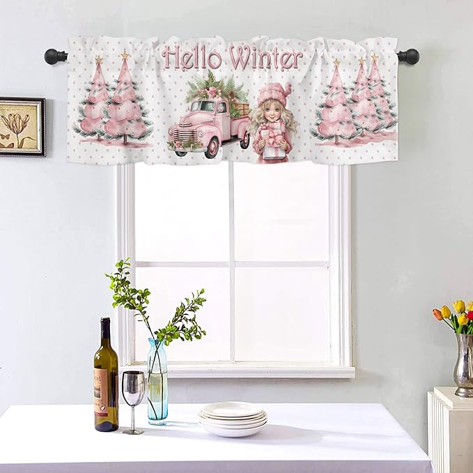 Hello Winter Pink Window Valance for Bedroom Living Room, Pink Christmas Window Curtain for Kitchen Bathroom, Pink Window Valance Rod Pocket Window Treatment, Xmas Home Decors, 54" W x 18" L