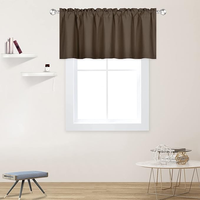 Coffee Brown Valance for Windows 52x18 Inch Solid Thermal Insulated Blackout Kitchen Short Curtain Toppers Valance Rod Pocket for Bathroom Living Room 1 Panel