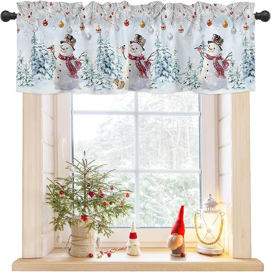 Snowman Valance Curtains for Kitchen Windows Blue Merry Christmas Tree Red Balls Squirrel Rod Pocket Window Treatment Toppers for Kitchen/Living Room/Bedroom/Bathroom, 60" X 18", Winter