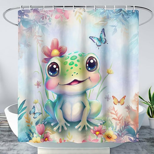 AILONEN Cartoon Frog Shower Curtain,Kawaii Frog Waterproof Fabric Bath Curtain for Kids Girls,Watercolor Blue Flower with Butterfly Shower Curtain Set for Bathroom with Hooks,72" W*72" H