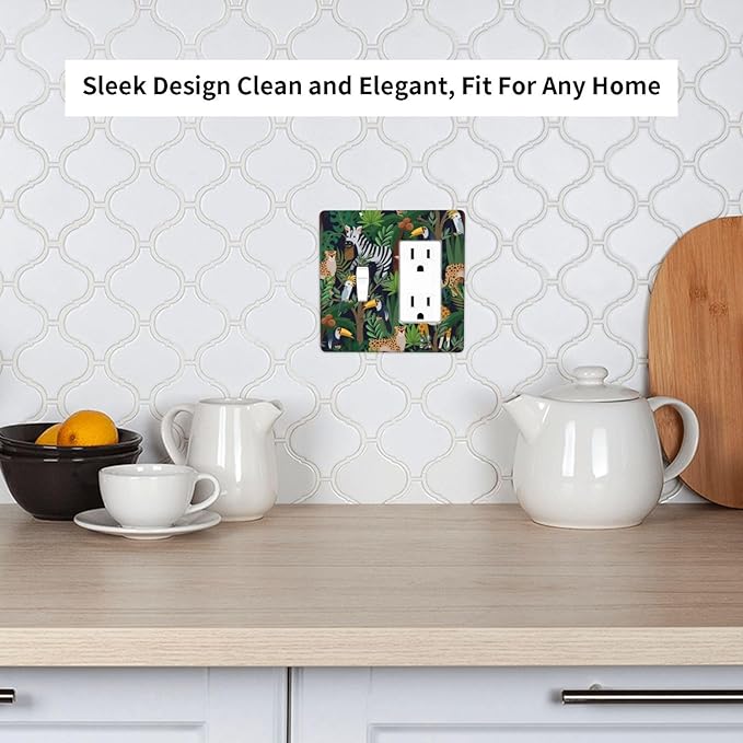 Cartoon Animal Zebra Leopard Giraffe Bird Leaf 2 Gang Single Toggle Rocker Combination Nursery Light Switch Covers Decorative Wall Plate Cover Electrical Faceplate Switchplate for Kidroom