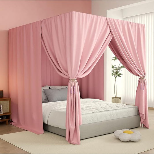 Pink Canopy Bed Curtains - 4 Corner Post Bed Curtains King Lightproof Drapes Bed Canopy Curtains with Tie Backs for Adults & Girls Bedroom Decoration(Pink,King)