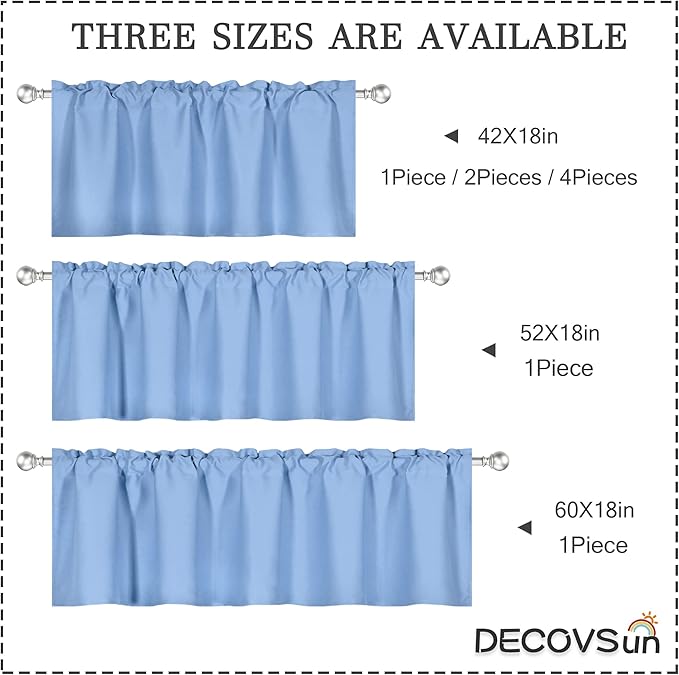 Sky Blue Valance 2 Panels for Windows 42x18 Inch Thermal Insulated Blackout Rod Pocket Kitchen Short Curtain Toppers Valance for Bathroom Living Room, Light Baby Blue