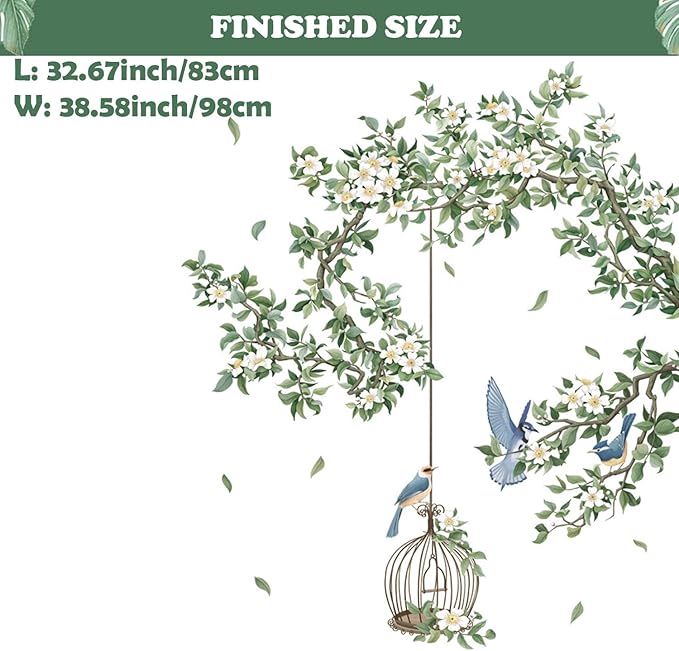 Birdcage Plant Leaves Wall Stickers Branch Vine Birds Wall Decals Peel and Stick Wall Art Decals for Living Room Bedroom TV Wall