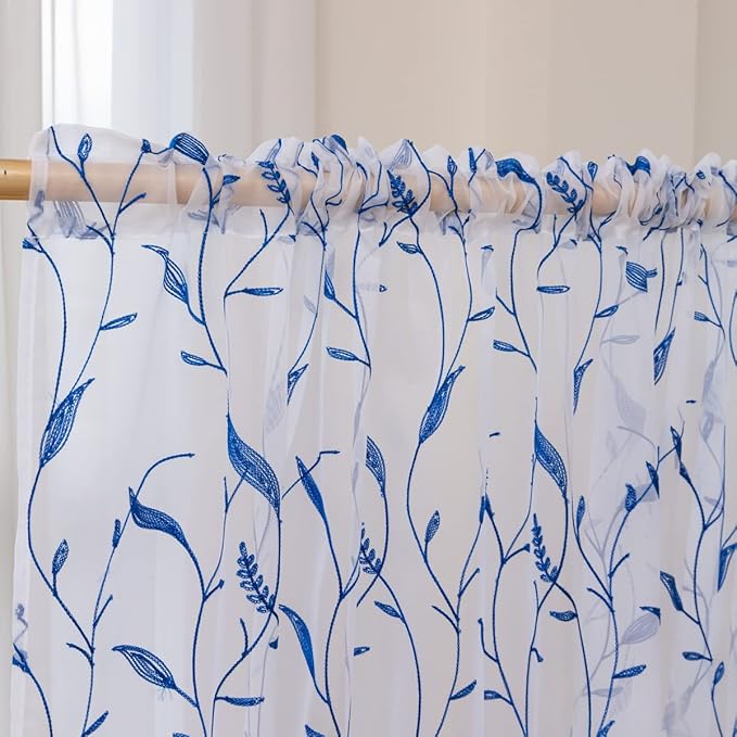 Windows Sheer Curtains Embroider Blue Leaf 84 Inches Length 2 Panels Voile Light Filtering Sheer Curtains Panel Basic Rod Pocket for Bedroom Living Room Children Room