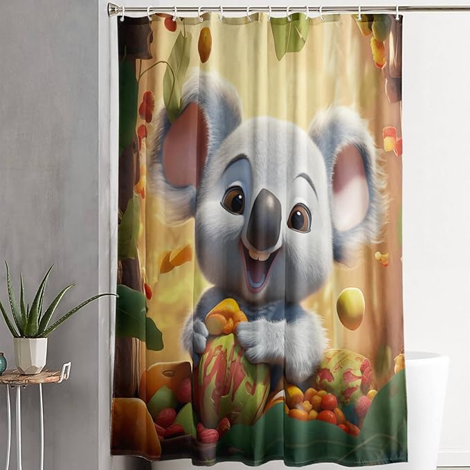 AILONEN Cartoon Koala Shower Curtain for Kids,Kawaii Fruit Koala Shower Curtain for Bathroom,Girls,Lovely Animals Shower Curtain Set with Hooks,72" W*96" H