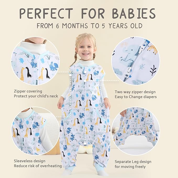 WONDAY Toddler Sleeping Sack, Sleep Sack 3t-5t, Sleep Sack with Legs Baby Wearable Blanket, Toddler Sleep Sacks with Feet, Sleeveless Cotton Sleep Sack for Early Walkers