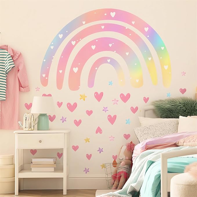 Pink Rainbow Love Heart Stars Wall Sticker Wall Stickers, sacinora Large Dazzle Art DIY Wall Decals Removable Vinyl Peel and Stick for Kids Baby Nursery Bedroom Playroom Kindergarten Home Decorations