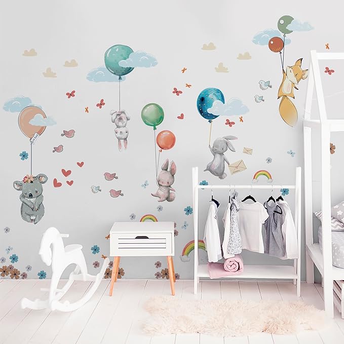 Hot Air Balloon Wall Decals for Kids by Lipastick – 83 pcs Cartoon Animals Wall Decals for Girls Boys Kids Baby - Animal Wall Stickers for Nursery Room Bedroom - Raccoon Fox Koala Panda L Size