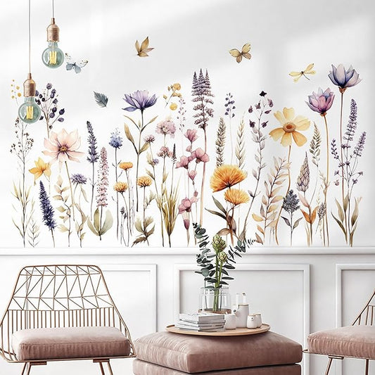 Garden Flower Wall Art Decals Pastel Flowers Wall Corner Stickers Floral Baseboard Skirting Line Corner Stickers for Girls Bedroom Living Room Kids Wall Decor