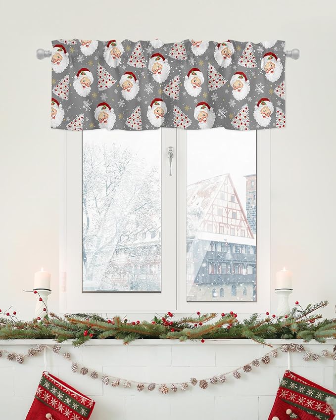 Grey Christmas Valance Curtains for Kitchen Windows Santa Claus Merry Christmas Tree Rod Pocket Window Treatment Toppers for Kitchen/Living Room/Bedroom/Bathroom, 42" X 18", Winter Snowflake