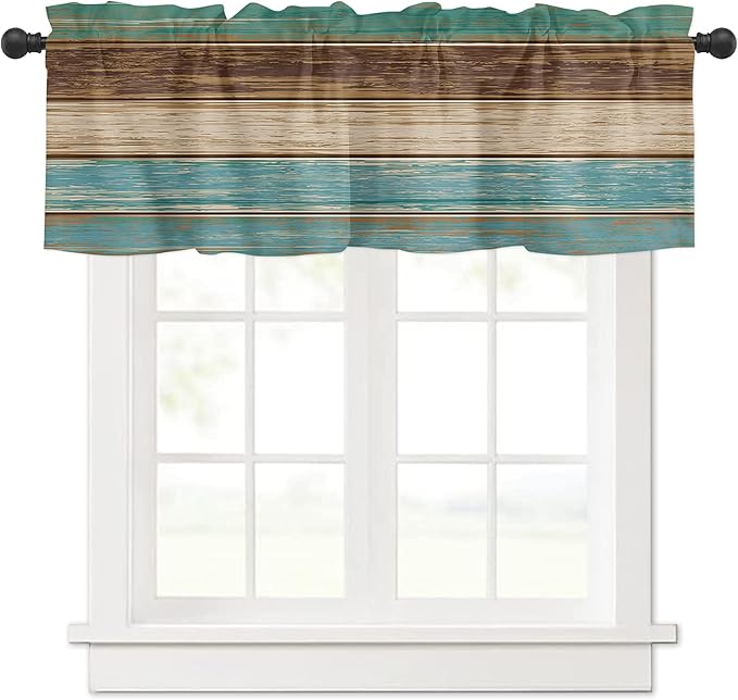Rustic Farmhouse Valances Curtains for Kitchen Windows, Retro Wood Rod Pocket Curtain Toppers Teal Green Brown Country Short Curtains Treatments for Bedroom/Living Room/Bathroom,54" X 18"-1 Panel