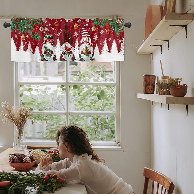 Christmas Gnomes Kitchen Curtains Valances for Windows Red Winter Holidays Rod Pocket Window Treatment for Kitchen /Living Room/Bedroom/ Bathroom,42" X 12" -1 Panel, White Snowflakes Xmas Trees