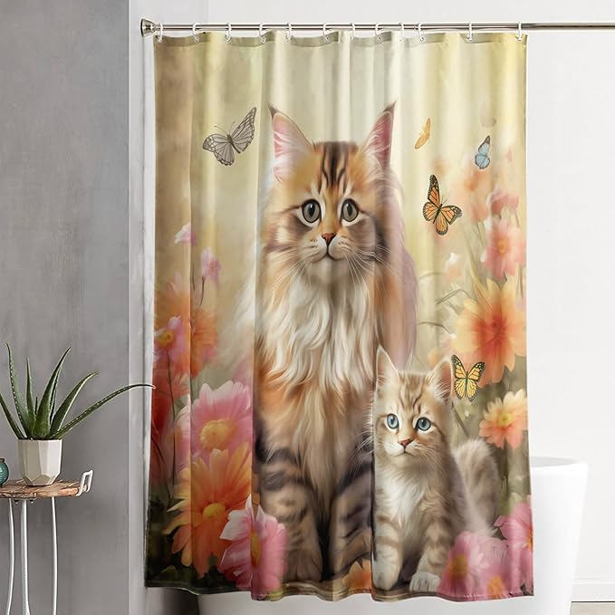 AILONEN Cartoon Kawaii Cat Shower Curtain for Kids Girls, 3D Cat Mum and Son with Flower Shower Curtain for Bathroom Decor,Cat Lovers Animal Waterproof Shower Curtains Sets with Hooks,36" W*72" H