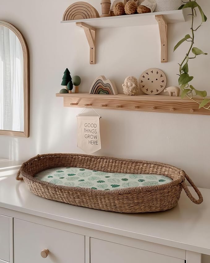 Blissful Diary Muslin Bassinet Sheets for Baby Girls Boys, Boho Soft Cotton Fitted for Oval Hourglass Rectangle Mattress, 2 Pack(Monstera&Dark Green)