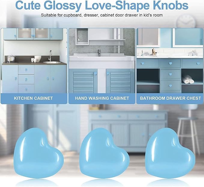 Cute Glossy Dresser Knobs Pink Ceramic Drawer Door Knobs Love Heart Shape Cabinet Cupboard Pull Handles Lovely Hardware Closet Knobs for Kids Girls Children's Bedroom (Blue-6pack)