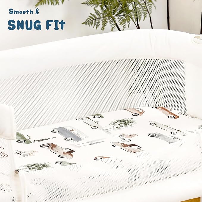 GRSSDER Stretchy Ultra Soft Fitted Bassinet Sheet Set 2 Pack, Universal Fit for Bassinets Baby Cradle Moses Basket Oval Rectangle Mattress Safe and Snug, Stylish Bassinet Sheets of Cars Print for Boys