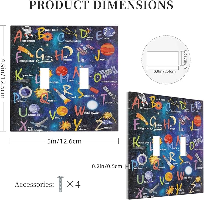 ABC Outer Space Double Toggle Light Switch Cover Decorative Alphabet Galaxy Boys Educational 2 Gang Wall Plate Electrical Faceplate Switchplate for Kidroom Nursery Boyroom Living Room Decor