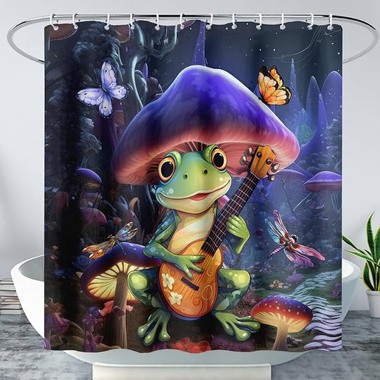 AILONEN Frog Mushroom Shower Curtain,Guitar Frog Amphibious Animal Waterproof Fabric Bath Curtain for Kids Girls,Boho Magic Mushroom Shower Curtain Set for Bathroom with Hooks,72" W*72" H