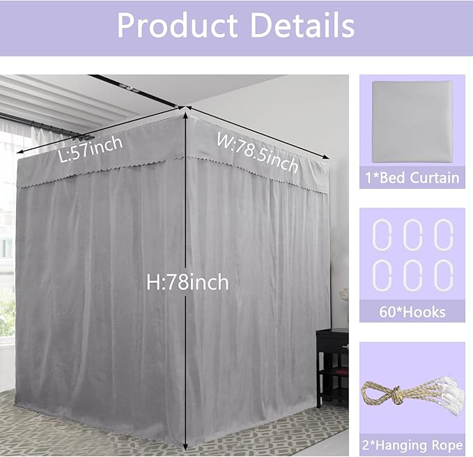 Grey Canopy Bed Curtains - 4 Corner Post Bed Curtains Canopy Full Bed Canopy Curtains for Adults Girls Bedroom Decoration(Grey, Full)