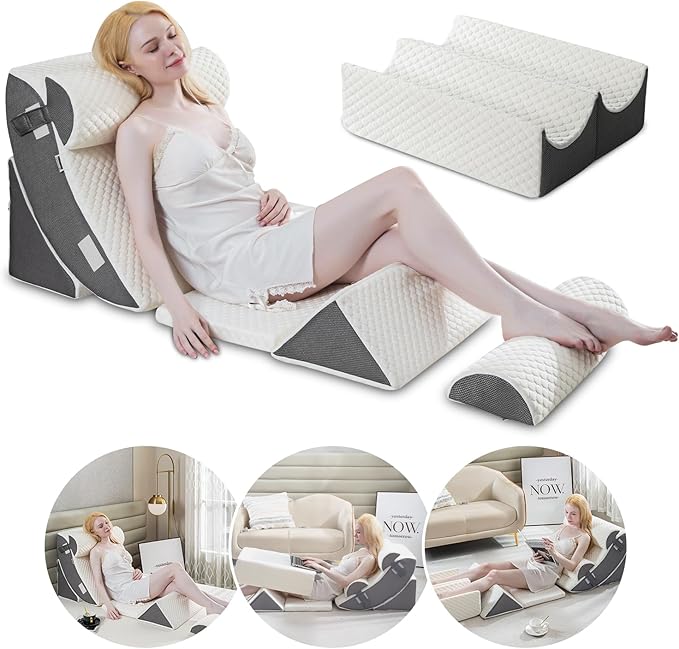 GOHOME 8pcs Orthopedic Bed Wedge Pillow Set for After Surgery, Memory Foam for Knee, Lumbar and Back Pain Relief Adjustable Support Pillows - Acid Reflux, Heartburn, Anti Snoring & GERD Sleeping
