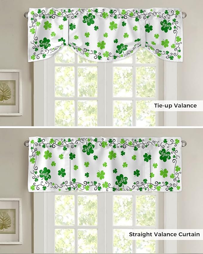 St. Patrick's Day Blackout Tie Up Valance Curtains for Kitchen Windows Green Shamrock Irish Clover Window Toppers Balloon Shades for Living Room/Bathroom/Bedroom,1 Panel, 60" X 18" Spring Holiday