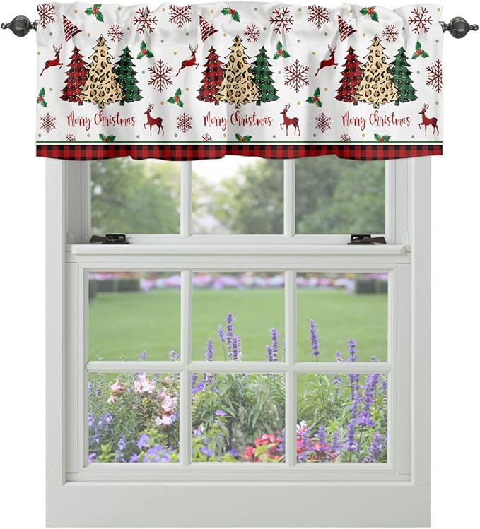 Merry Christmas Kitchen Curtains Valances for Windows Farm Christmas Tree Buffalo Plaid Leopard Rod Pocket Window Treatment for Kitchen/Living Room/Bedroom/Bathroom,42" X 18" -1 Panel, Holiday Decor