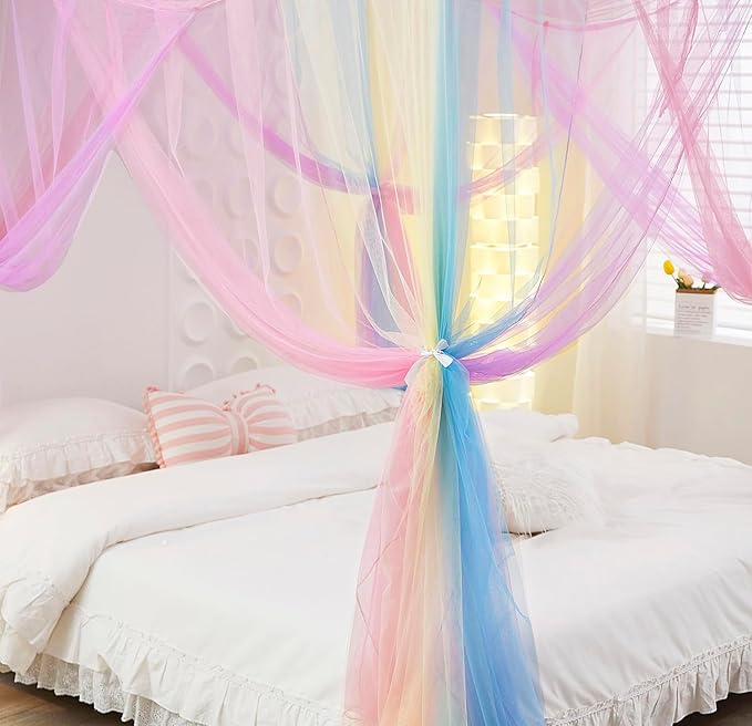 Mengersi Rainbow Canopy Bed Curtaina Mosquito Net for Bed Canopy, Four Corner Post Curtains Elegant Bed Netting, Screen Netting Canopy Curtains for Full to King Size Bed