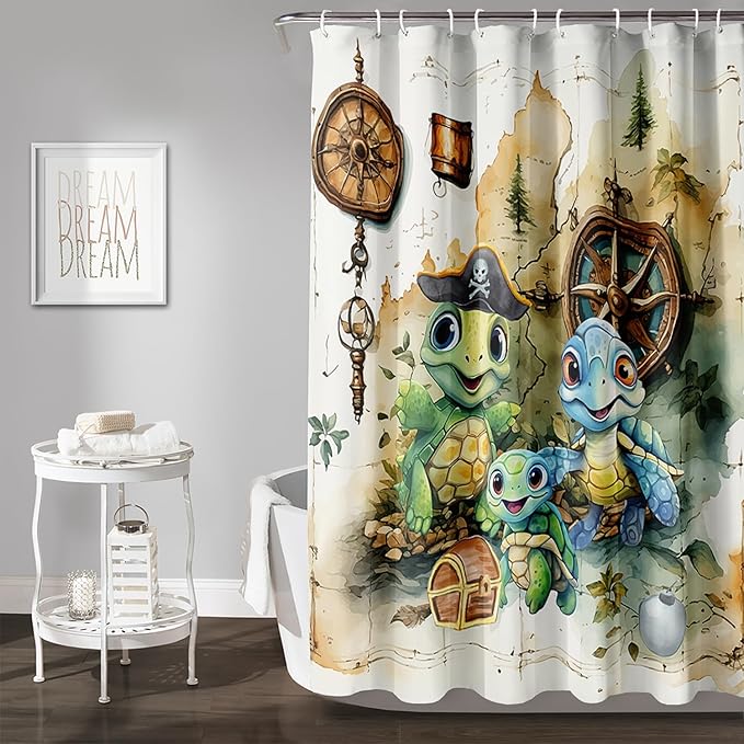 AILONEN Cartoon Sea Turtle Shower Curtain,Kawaii Turtle Bathroom Curtains for Kids,Girls,Nautical Compass Anchor Shower Curtains Set with Hooks for Bathroom,72" W*96" H