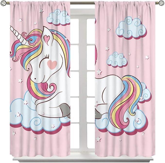Unicorn Curtains Children's Cartoon Starry Sky Theme Unicorn Pattern Curtains Star Galaxy Boys Girls Room Blackout Curtains 42x45 Inch 2 Panels