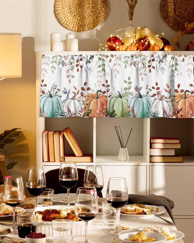 Fall Thanksgiving Kitchen Curtains Valances for Windows Autumn Pumpkins Eucalyptus Leaves Rod Pocket Window Treatment for Kitchen /Living Room/Bedroom/ Bathroom, 42" X 12", Blue Sage Green Orange