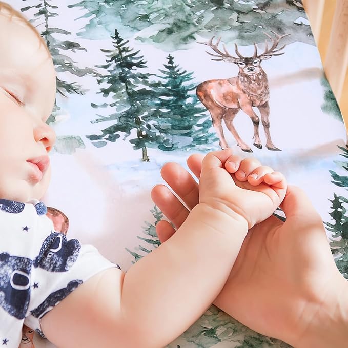 JISEN Fitted Crib Sheets 1 Piece Soft Breathable Baby Crib Sheets for Standard Crib and Toddler Mattress Baby Bed Sheets for Crib for Baby Boys Girls Neutral 28x52 Inch Woodland Animals